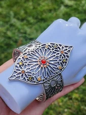 Lucky Brand Silver Tone signed Open Cuff Bracelet Cutwork Multi Color Cabachon