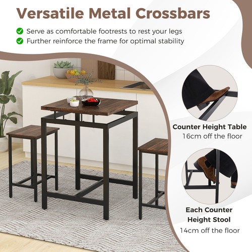 Counter Height Table with 2 Stools Floating Tabletop & Footrest Rustic Brown - Picture 4 of 10