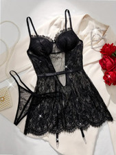2 Piece Hollow Semi-Sheer Black Floral Lace Lingerie