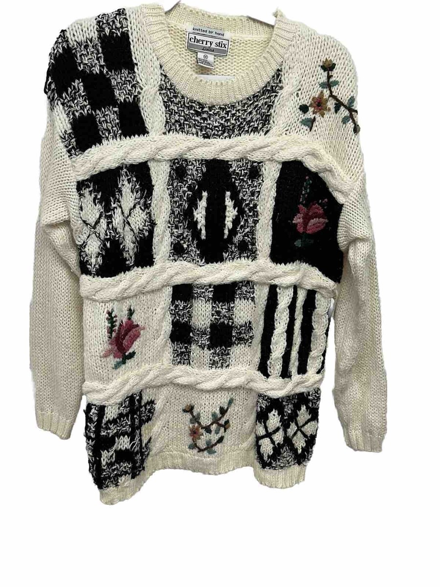 VINTAGE 90s Hand Knit Cherry Stix Sweater Women Medium Pullover