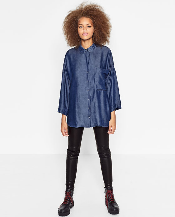 Zara oversized flowing denim tencel lyocell shirt top-dark wash-sz