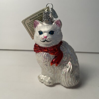 Old World Christmas White Cat Blown Glass Ornament Princess Kitty with Tag