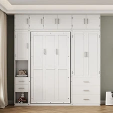 Twin Size Bed Frame Murphy Bed with Lockers and Wardrobes for Bedroom White