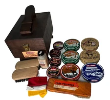 Lot of Vintage Shoe Shine Kit Box Brushes Polishes Kiwi Mink Oil