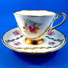 Gold Triangle Garland with Pink Roses Royal Chelsea Tea Cup and Saucer Set