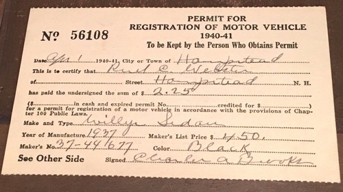 New Hampshire Original Motor Vehicle Registration U Pick - Picture 9 of 18