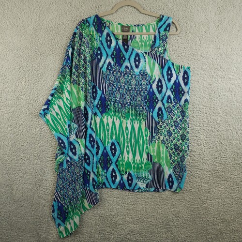 Chicos Top Womens 1 US Medium 8 Blue Green Ikat Kimono Tunic Semi Sheer Shirt