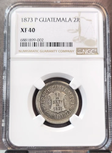 1873 GUATEMALA SILVER 2 REALES INDEPENDENCE NGC XF 40 SCARCE HIGH GRADE
