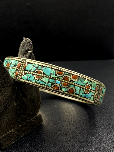 Old & Rare Turquoise & Coral Hand-Carved Tribal Designer Bold Bangle - Picture 4 of 12