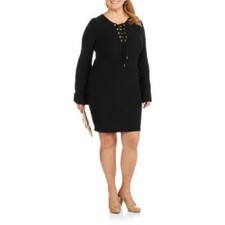 Extra Touch Women's Boho Black Lace Up Dress with Bell Sleeves Size 3X