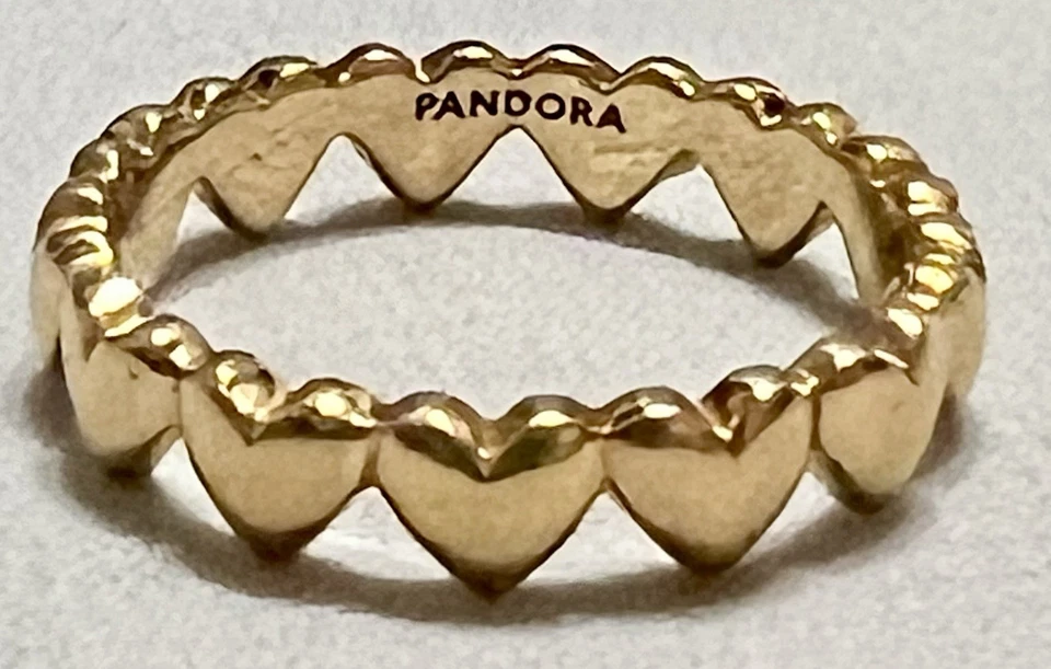 PANDORA Be Love LINKED ROW of HEARTS 14K GOLD-PLATED Band RING Sz 7 - Image 2 of 4