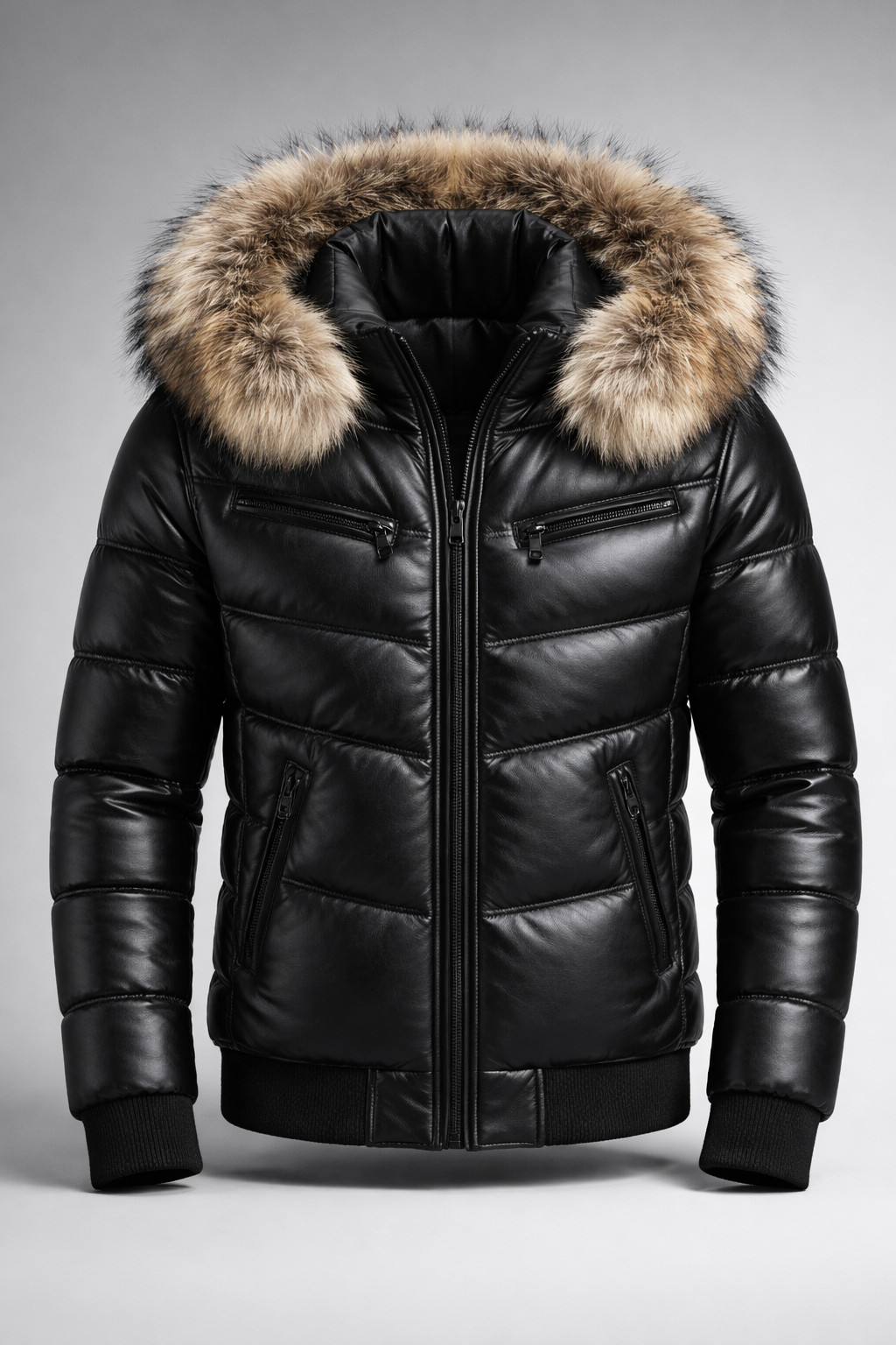 Giacca trapuntata da uomo in vera pelle di pecora | cappuccio in vera pelliccia di volpe | Luxury Premium W foto 2
