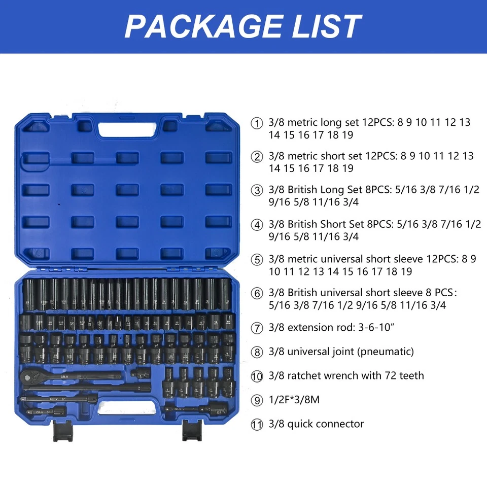 Air Tool and Accessories Kit 67 Pieces Long and Short Sets Ratchet Wrenches - Image 2 of 4