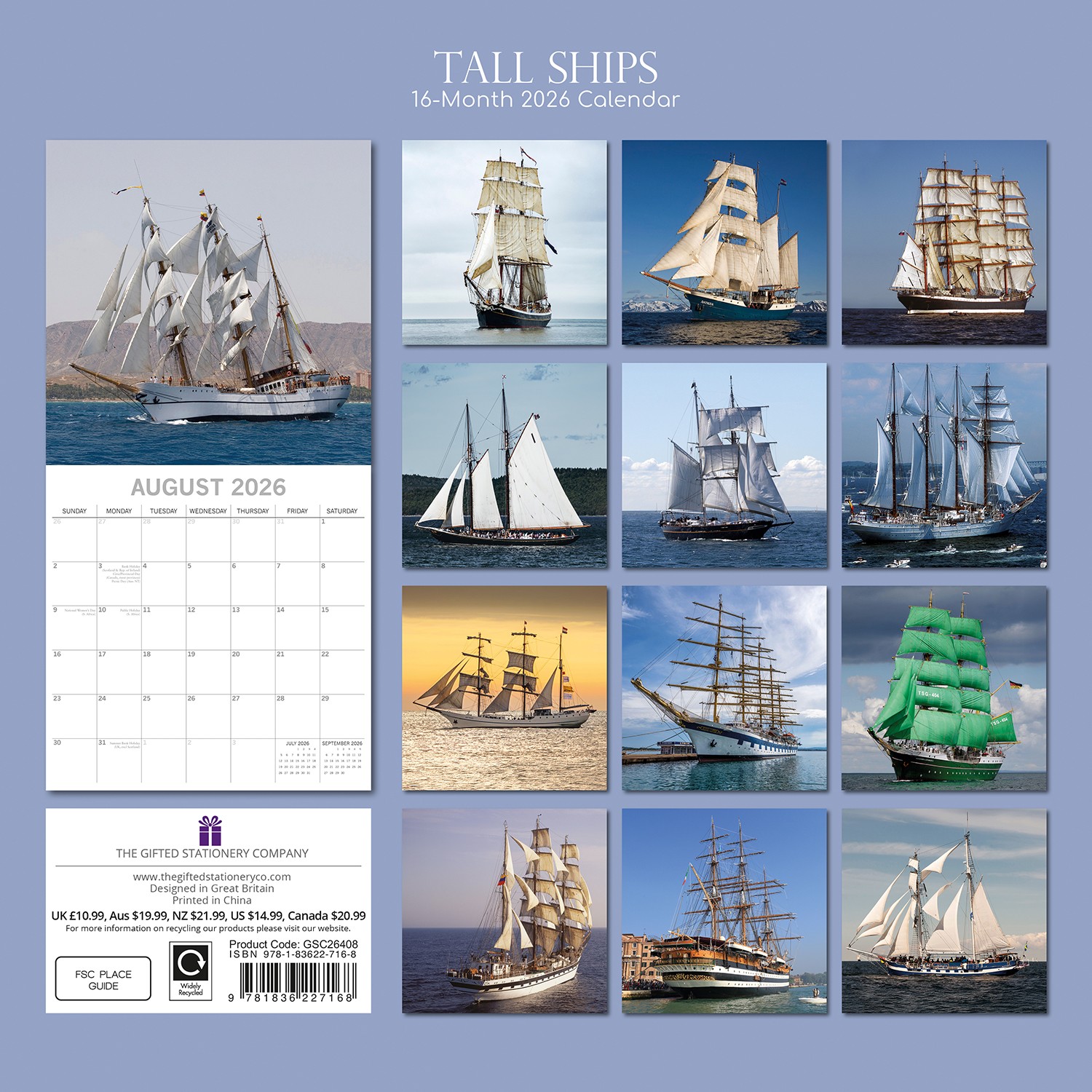Tall Ships - 2026 Square Wall Calendar 16 Months New Year Premium Planner Gift