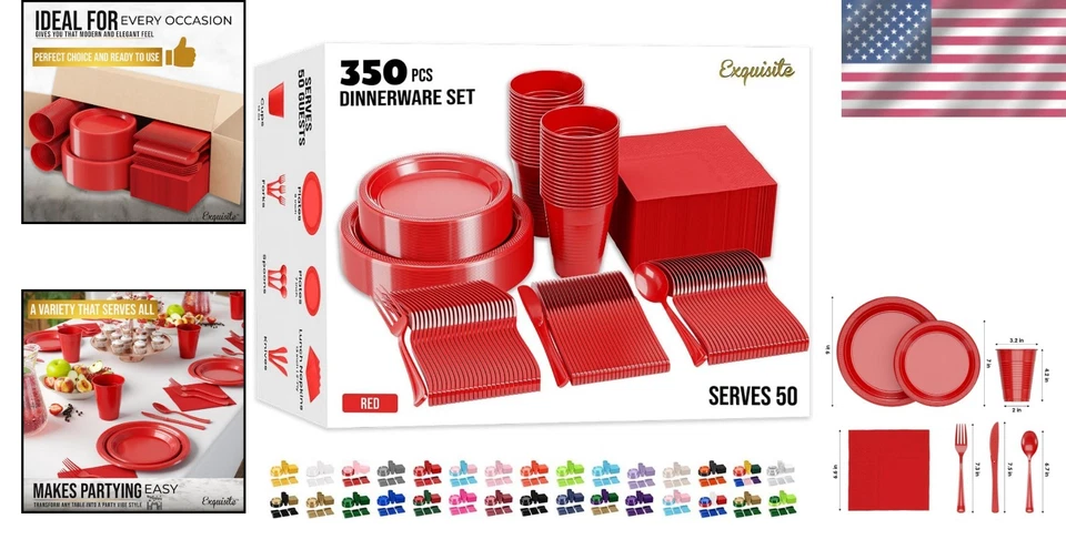 Juego de vajilla de plástico rojo todo en uno para celebraciones sin esfuerzo - 350 piezas Foto 2 de 4