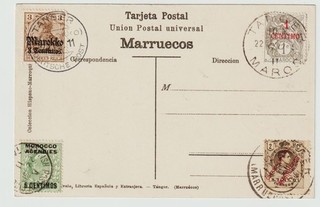 Dt. Kolonien int Postkarte mit vier verschiedenen Werten aus Tanger 1911