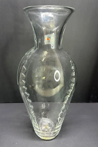 Vintage Blenko Glass Crystal (Clear) 13.5” Tall Vase Ribbed Design W/label