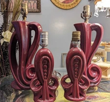 Unique set of oxblood color mid century modern Hollywood regency boudoir lamps