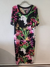 G.I.L.I. Women Black Tropical Orchid Floral Aloha Maxi Dress Short Sleeve Large