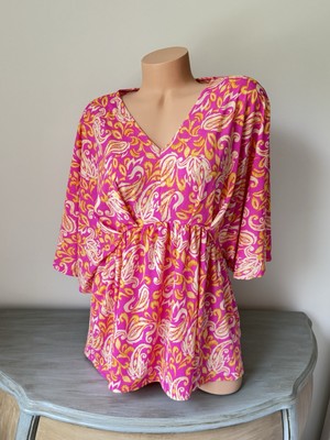 Dear Scarlett Lizzy Top L Babydoll V Neck Paisley Stretch Tropical Pink Tunic