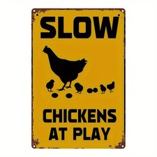 Vintage Slow Chickens At Play Tin Sign Farm Chicken Coop Decor Metal Wall Art