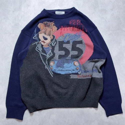 ICEBERG Vintage Knit Sweater L Bear Racing 90s Y2K Navy Charcoal image 3