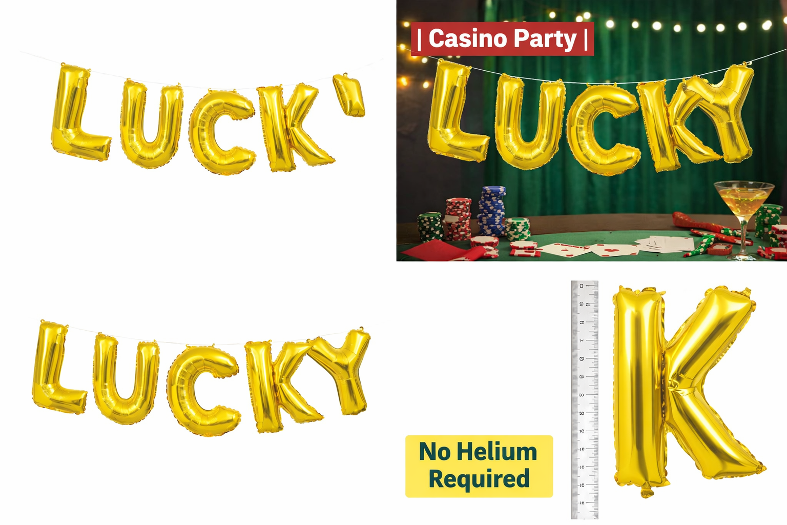 LUCKY Gold Balloon Banner – Casino & Vegas Party Letter Balloon Party Decoration