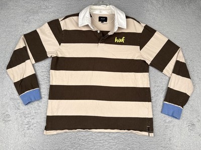 HUF Polo Shirt Mens Medium Brown Beige Stripe Rugby Long Sleeve Logo Casual