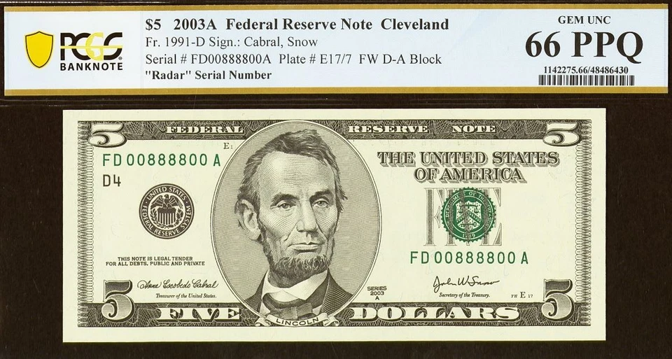2003A $5 FRN PCGS Gem 66PPQ - Fancy Radar Serial Number 00888800 - Image 2 of 3