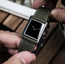 Black Dial Rectangular Dress Watch Vintage Tank-Style Green Leather Strap Paris