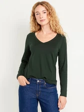 NWT Old Navy EveryWear V-Neck Long-Sleeve T-Shirt Shirt Dark Bottle Green Women
