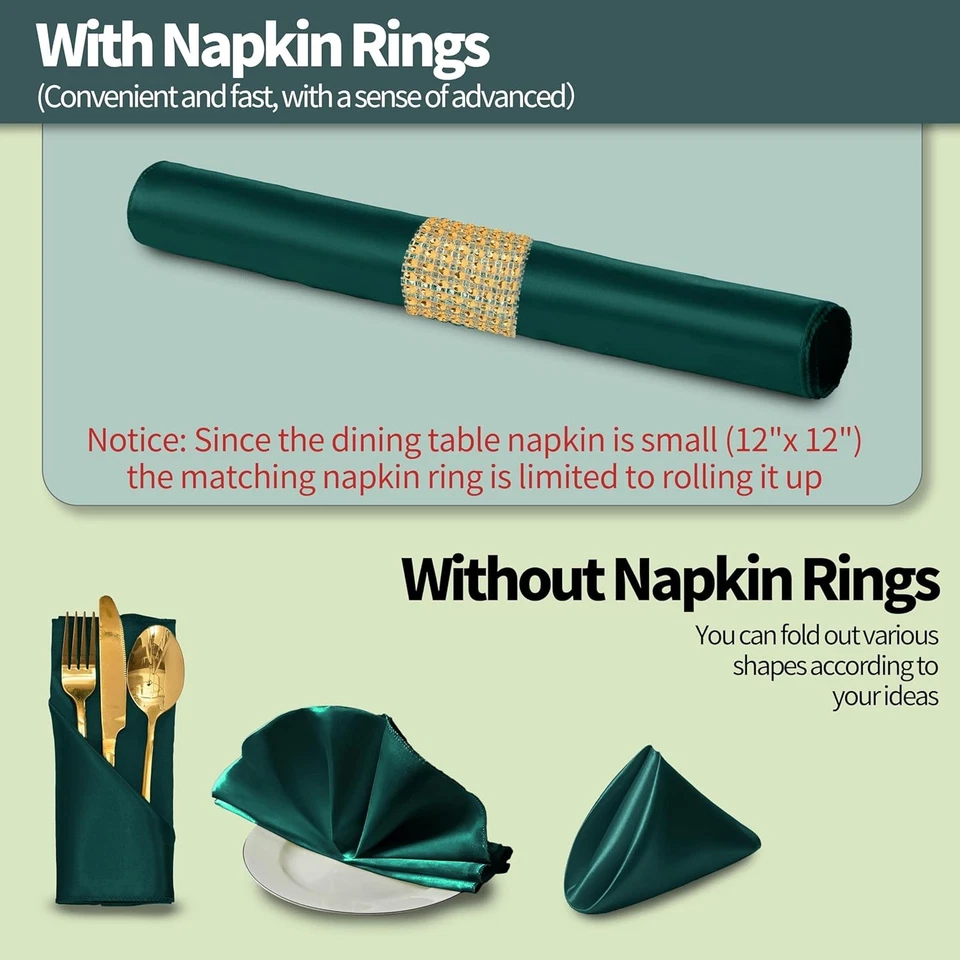 Paquete de 100 servilletas y anillos de servilletas de satén verde oscuro, 12 x 12 pulgadas suaves como la seda Foto 2 de 4