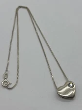 Vintage Sterling Silver Heart Slide W/ Crystal Stone  On 16” Box Chain