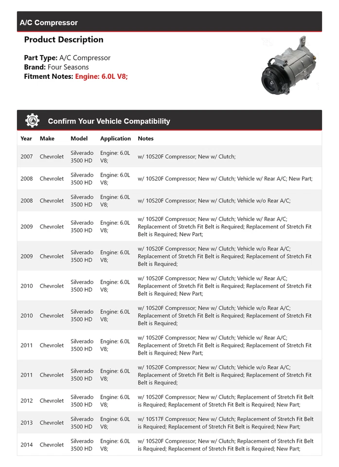 Para Chevrolet Silverado 3500 HD 2007-2014 6,0 L V8 compresor de aire acondicionado 4 estaciones 2008 Foto 2 de 4