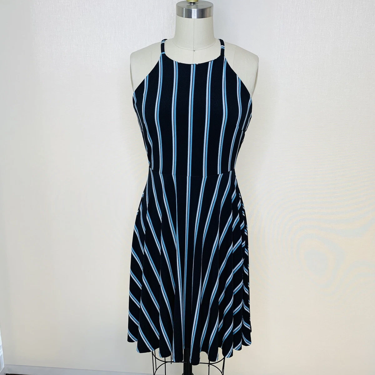 NWT Bar III Women s Fit Flare Halter Dress Striped Black White