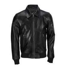 Mens Black Soft Real Leather Vintage Collar Bomber Style Biker Jacket All Sizes