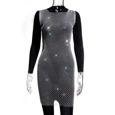 sexy net club dress Women Sheer Mesh Hollowed Glitter Rhinestone Sleeveless Top Size:M (UK10)