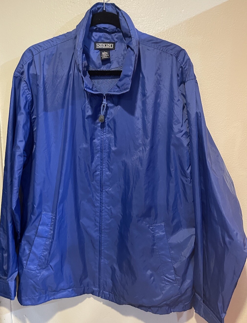 Lands' End Men's Windbreaker Jacket Blue Nylon Zip w/ Hood Size L (42
