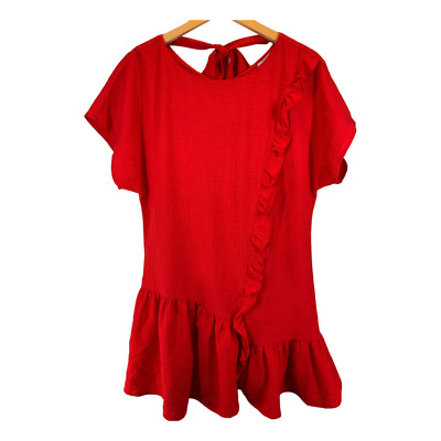 Lost Ink | XXS | Red Ruffle Oversized Fit Short Sleeve Tie Neck Mini Dress
