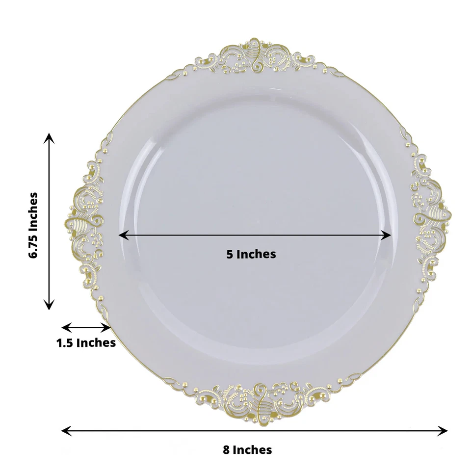 10 PRATOS DE JANTAR DE SALADA DE PLÁSTICO REDONDO OURO CINZA 8" em relevo aro barroco festa - Imagem 3 de 4