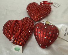 Vintage 2007 Red Heart Christmas or Valentine Ornaments Jeweled Lot Of 3