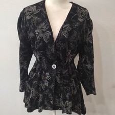 Blusa De Colección Años 80 Signe Incognito Negra Metálica Floral Peplum Mujer Pequeña Puff
