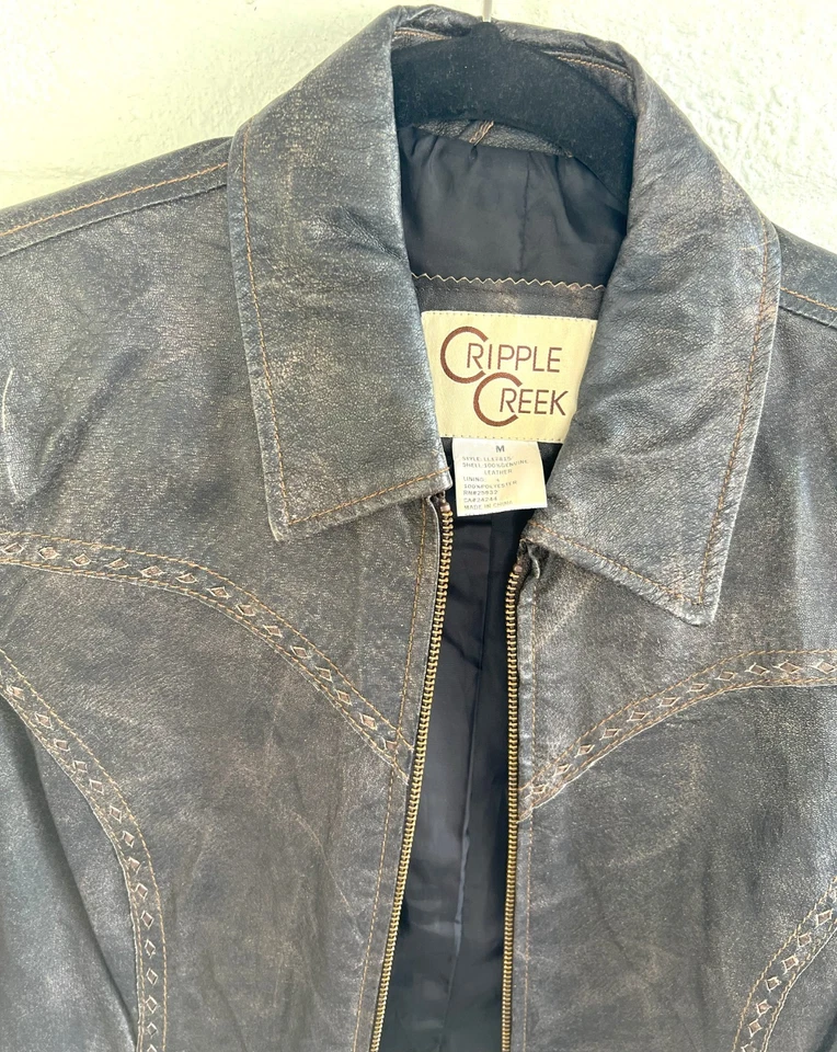 Vintage Cripple Creek Leather Jacket Zip Western Cowgirl Distressed Brown MEDIUM - Image 3 of 4