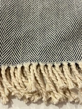 Sferra Celine Throw Navy Blue / Natural 100% Cotton Herringbone 51”x71” Fringe