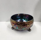 Fenton Vintage Blue Carnival Glass 3 Footed Fernery Bowl, Antique Grape & Cable