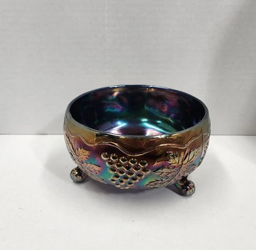 Fenton Vintage Blue Carnival Glass 3 Footed Fernery Bowl, Antique Grape & Cable