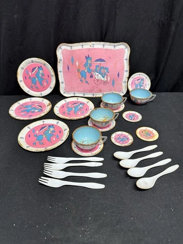 Vintage Ohio Art Child’s Tin Tea Set 24Pc Blue Poodle Tray Cups Plates Utensils