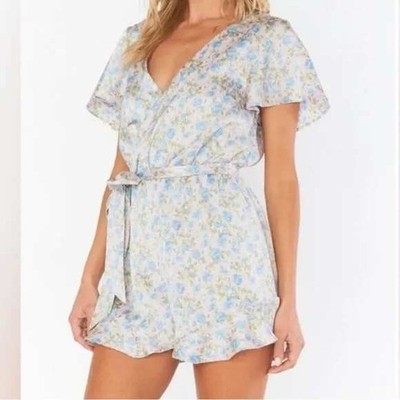 Show Me Your Mumu Floral Print Wrap Romper Ruffle Hem Short Sleeve V Neck Size L
