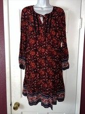 Old Navy Womens Multicolor Floral Print Long Sleev Tie Up Neck Boho Dress Medium