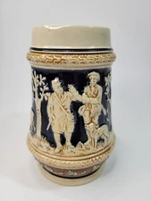 Vtg German Beer Stein Hunting Scene Hound Rabbit Deer Hunters Beer Mug